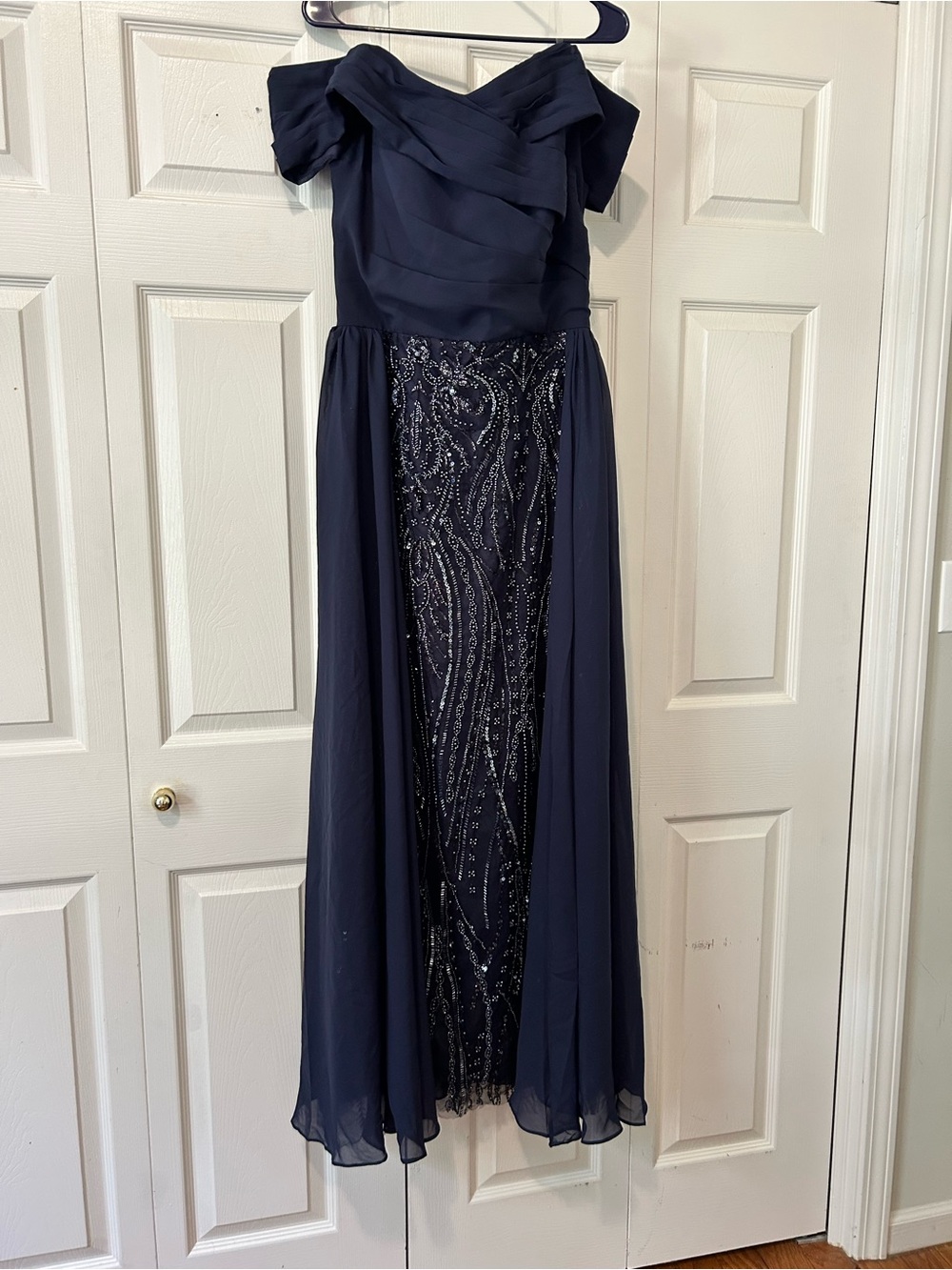 Navy Off-Shoulder Beaded Evening Gown